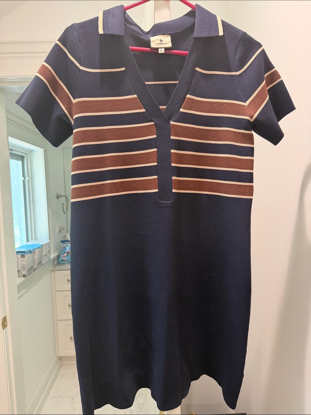 Tuckernuck Navy Polo-Style Mini Dress with Brown and Cream Stripes
